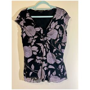 Robert Louis Floral Chiffon Blouse XL Black Purple V-Neck Sheer Overlay